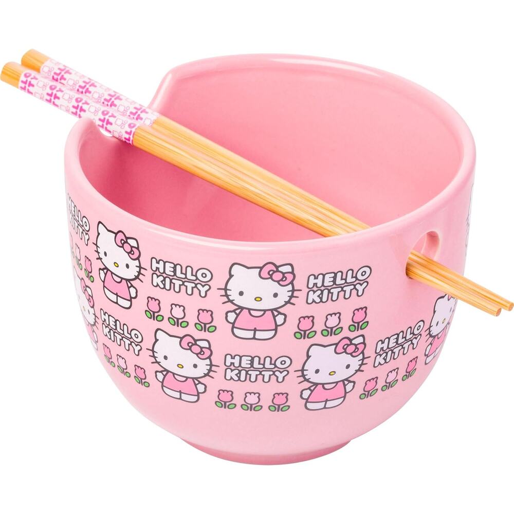 Hello Kitty Ceramic Ramen Bowl with Chopsticks - Floral Pattern Pink 20 OZ